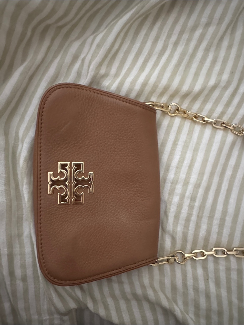 Tory Burch Brown Leather Crossbody with Gold Logo Chain